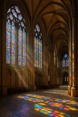 Obraz premium Sunlit Interior of a Grand Gothic Cathedral with Stained Glass Windows