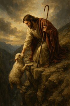 The Good Shepherd Jesus Christ Rescuing a Lost Sheep from a Dangerous Cliff