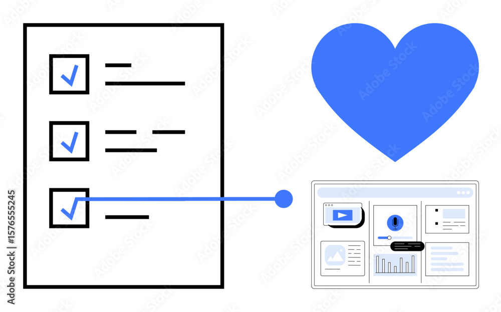 Poster checklist with blue checkmarks linked to a browser interface, alongside a blue heart. ideal for task