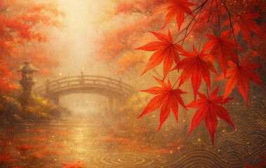 Dreamy Autumn Japanese Garden with Maple Leaves and Wooden Bridge in Mist