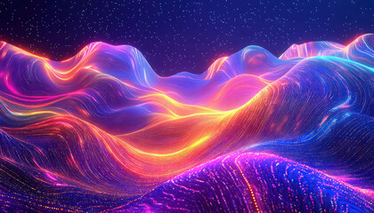 A vibrant landscape of glowing, undulating waves of light under a starry night sky