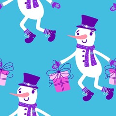 Christmas cartoon ice seamless snowman pattern for wrapping paper and fabrics