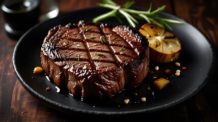 Juicy Grilled Steak with Rosemary and Garlic Styled on Black Plate Bottom Left with Shallow Depth and Warm Artistic Light
