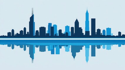 Fototapeta premium A stylized illustration of a city skyline reflected in water, blue tones.