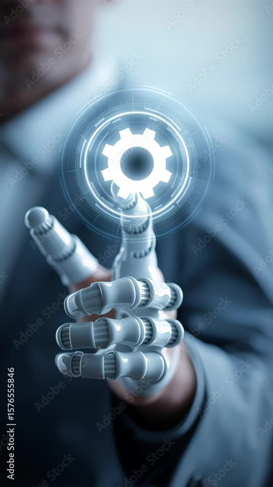 Aufkleber robotic hand interacting with digital holographic gear icon in futuristic business environment with 
