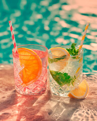 Citrus Drinks in Pink Light by the Pool