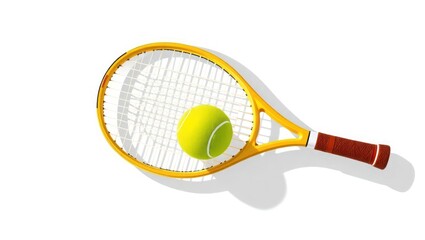 A golden tennis racket rests on a white background, a yellow tennis ball nestled within its strings.