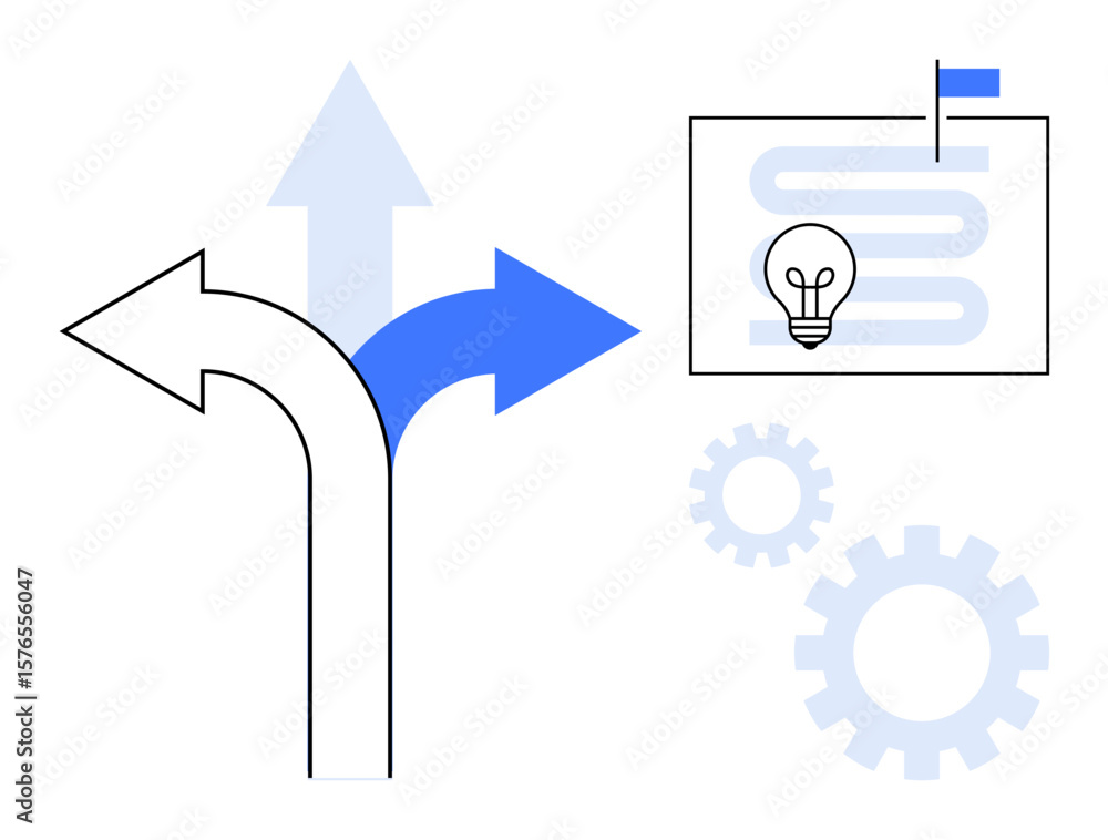 Poster arrows showing different paths paired with a blueprint featuring a lightbulb among gears. ideal for 