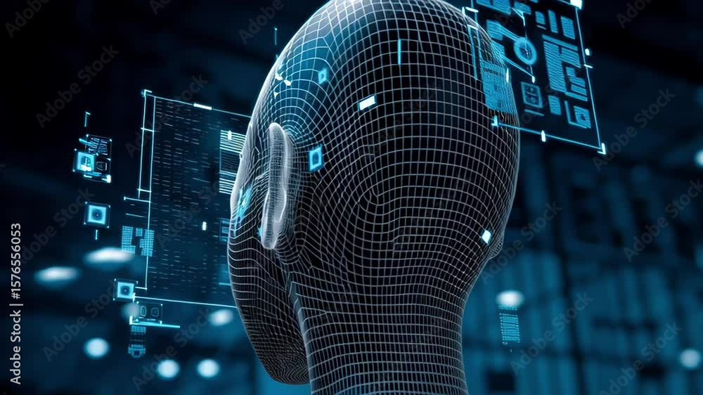 Aufkleber futuristic 3d wireframe head with digital interface elements floating around in dark cyber environme