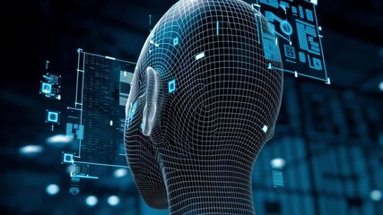 Futuristic 3D wireframe head with digital interface elements floating around in dark cyber environment. Concept of artificial intelligence, machine learning and virtual identity
 - Powered by Adobe
