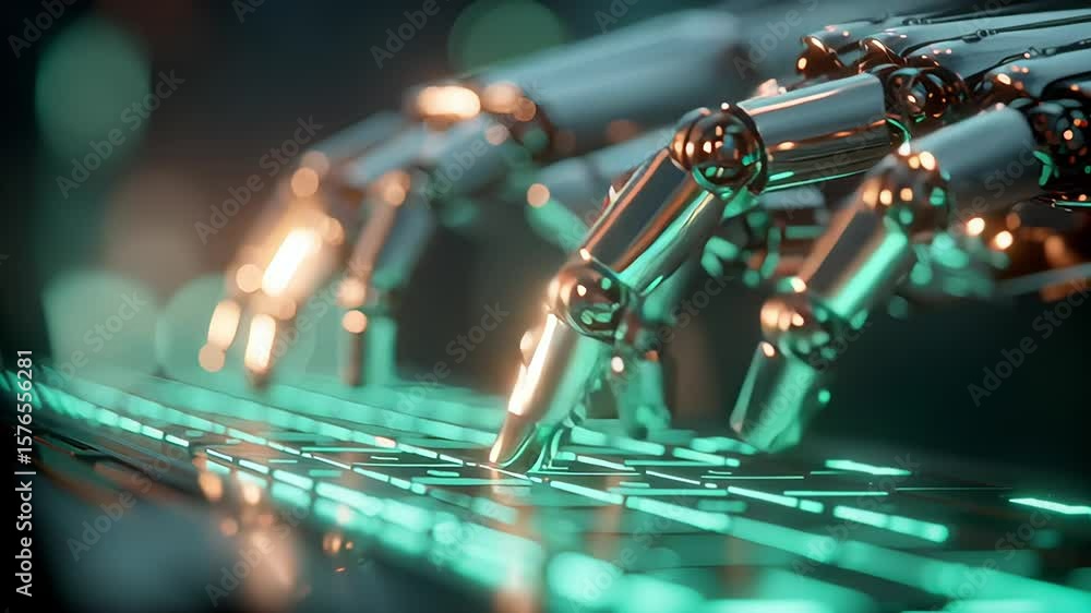 Aufkleber close-up of robotic metallic hand typing on illuminated keyboard in futuristic environment. concept 