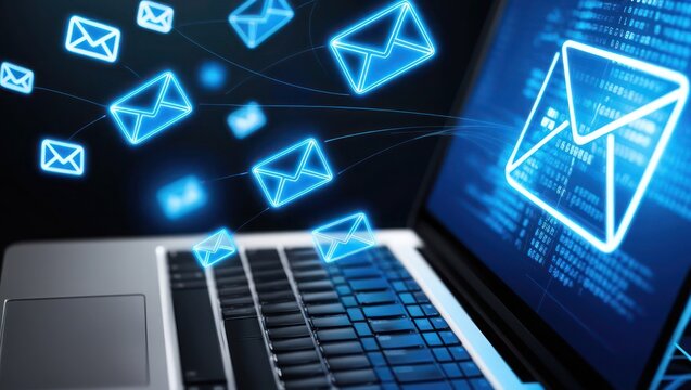 A laptop displays glowing email icons, symbolizing digital communication and online messaging.