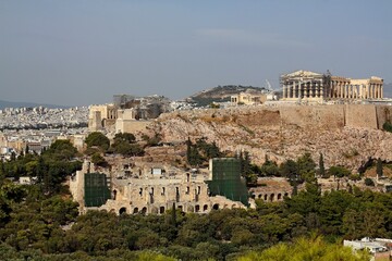 Panoramic view of Athens with Acropolis hill on a hot summer day in Greece. Reconstruction period