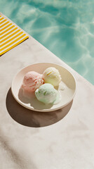 Pastel Gelato Scoops / Icecream In Bowl By Pool
