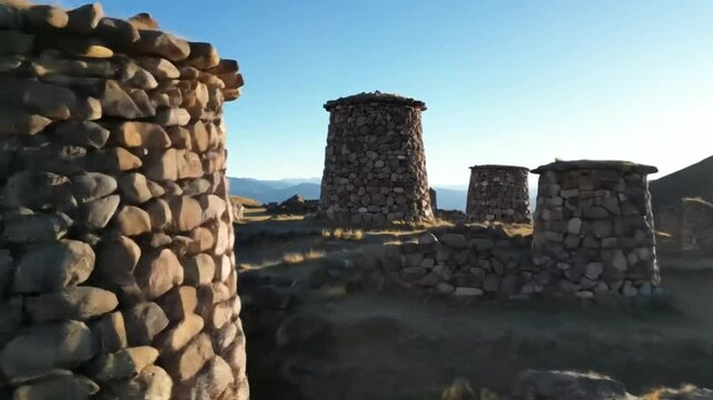 Ancient stone burial towers and ruins stand against a clear blue sky at sunrise showcasing historical architecture