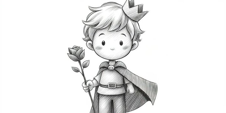 line drawing of a prince with a flower and cape