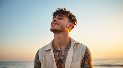 Man with tattoos at sunset beach