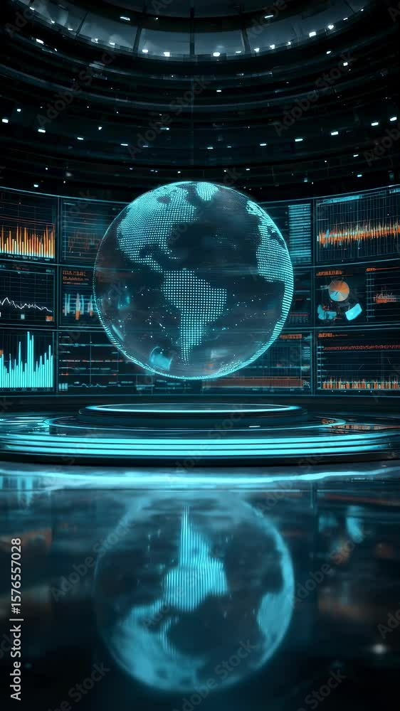Poster digital planet earth rotating on a pedestal in a futuristic news studio with various digital charts 