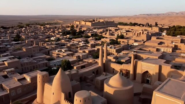 Ancient desert citadel with mud brick architecture and conical towers illuminated by golden hour sunlight under a vast sky