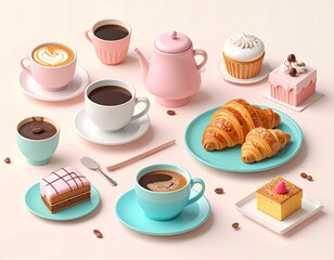 Isometric vector style coffee and pastry layout in pastel color palette