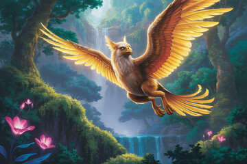 Majestic Griffin Soaring Through Lush Waterfall Fantasy Landscape Mythical Creature in Vibrant, Dreamlike Forest