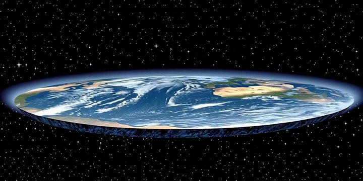Flat earth rotating in space - a flat circles with oceans and continents like a coin or wafer in the universe