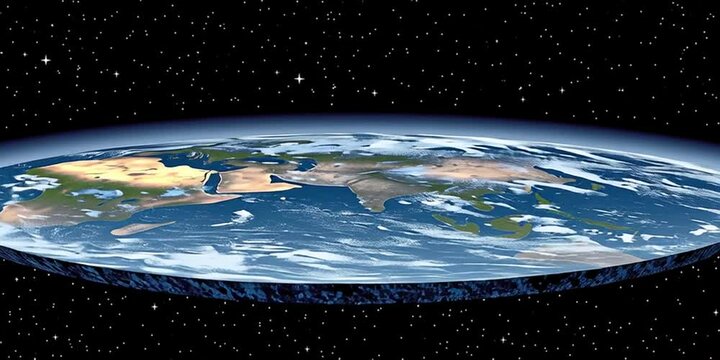 Flat earth rotating in space - a flat circles with oceans and continents like a coin or wafer in the universe