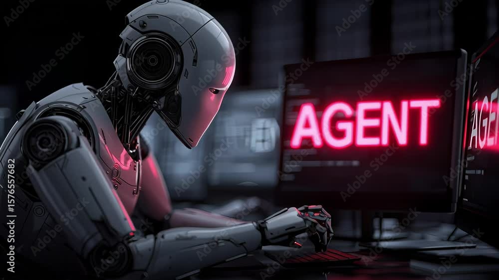 Aufkleber futuristic humanoid robot operating computer with red glowing screen displaying word agent in dark t