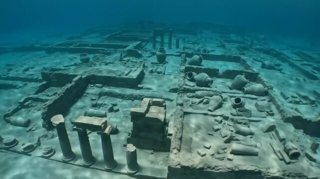 Ancient sunken city ruins with stone columns amphorae and architectural debris on the seabed in clear blue ocean water