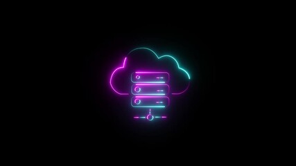 Neon animated cloud database icon showing data upload and storage in the cloud. Digitally CLOUD icon digital code technology black background. 4k animation  - Powered by Adobe