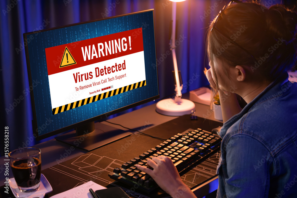 Poster virus warning alert on computer screen detected brisk cyber threat , hacker, computer virus and malw