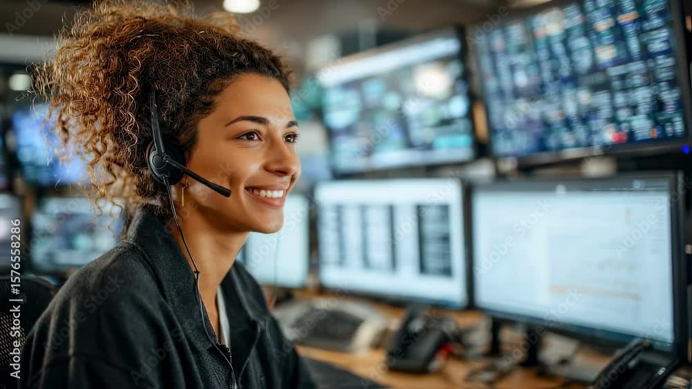 Poster a side view of a woman sporting a professional headset her cheerful expression showcasing her dedica