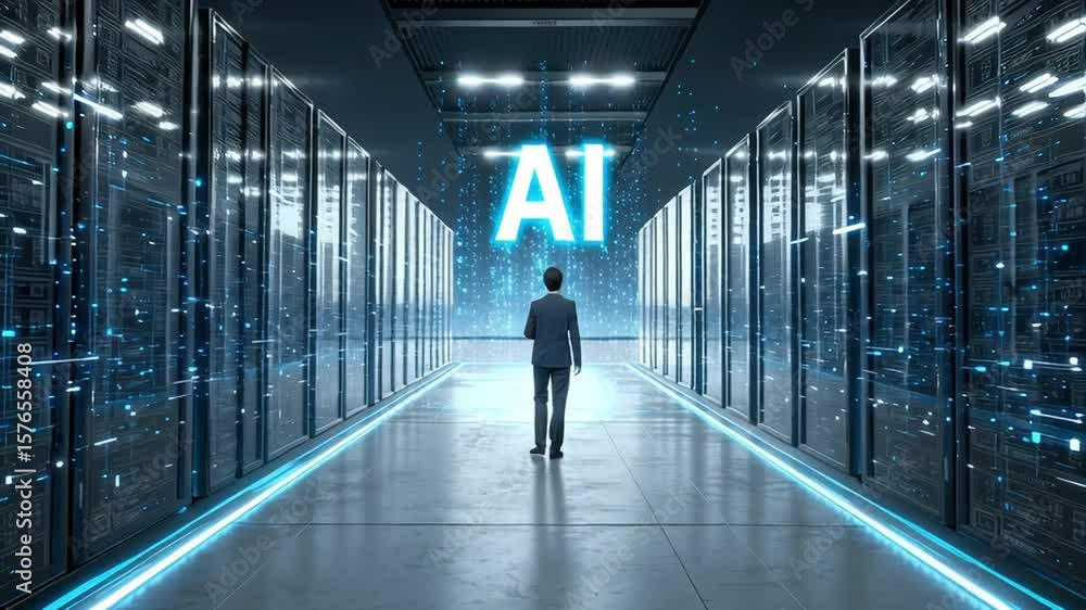 Aufkleber businessman standing in futuristic server room corridor with glowing ai text and digital data stream