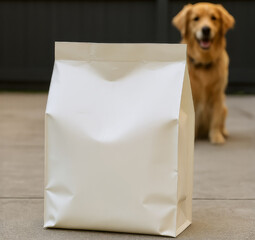 white bag of dog food in concrete backyard with golden retriever dog in the background