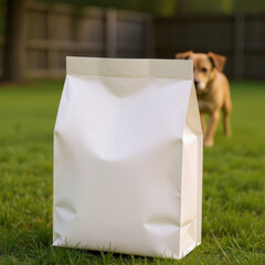 white dog food bag on backyard lawn with dog in background