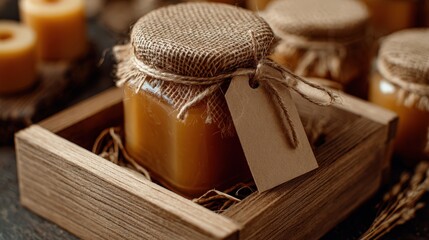 Warm handcrafted honey jar in wooden gift crate with mini beeswax candles, perfect for a beekeeping packaging mockup
