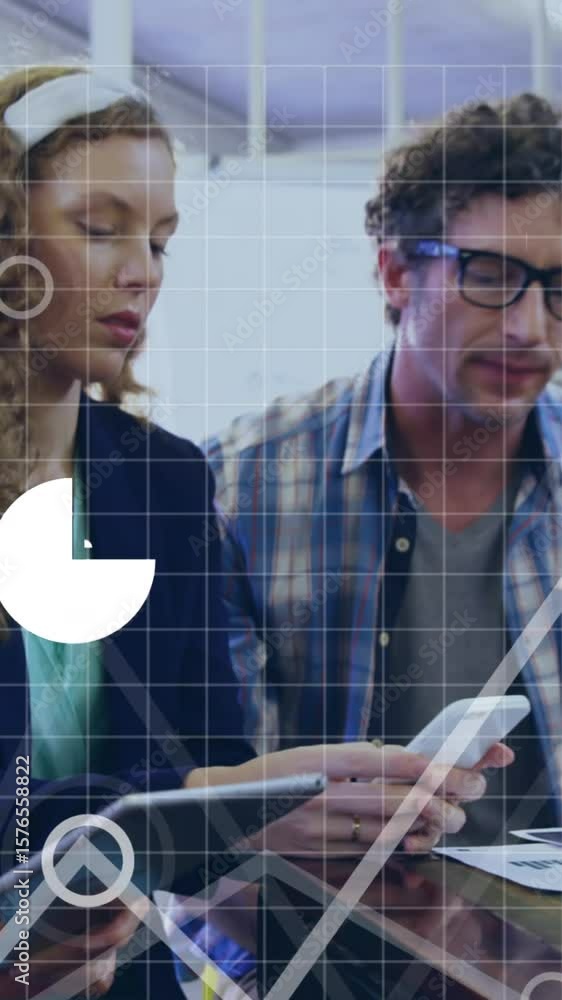 Poster animation of data processing and business icons over diverse business people talking in office