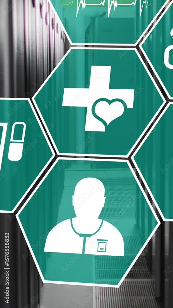 Poster animation of floating icon in hexagons over server room in background