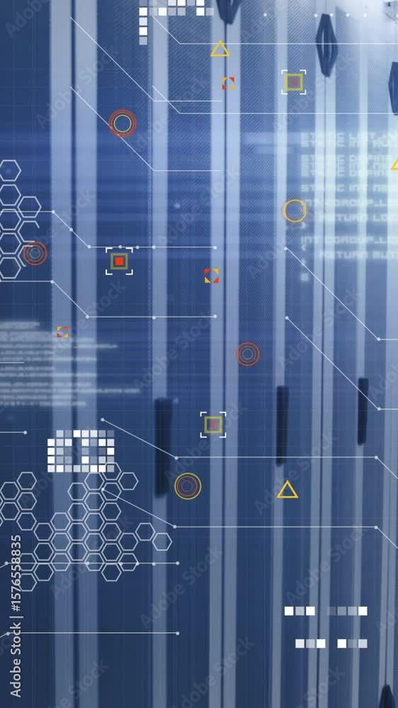Poster animation of data processing and light spot against computer server room