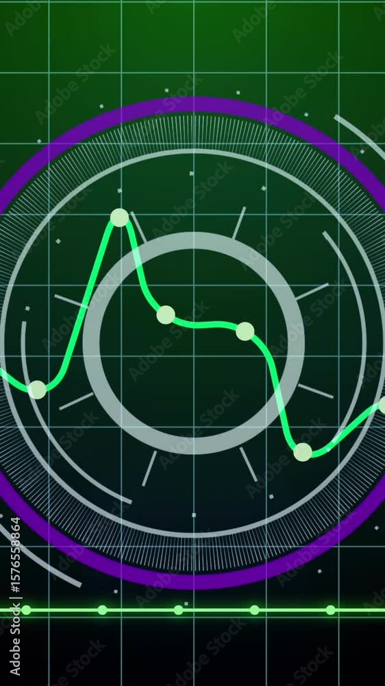 Aufkleber Animation of round scanner and statistical data processing over grid network on green background