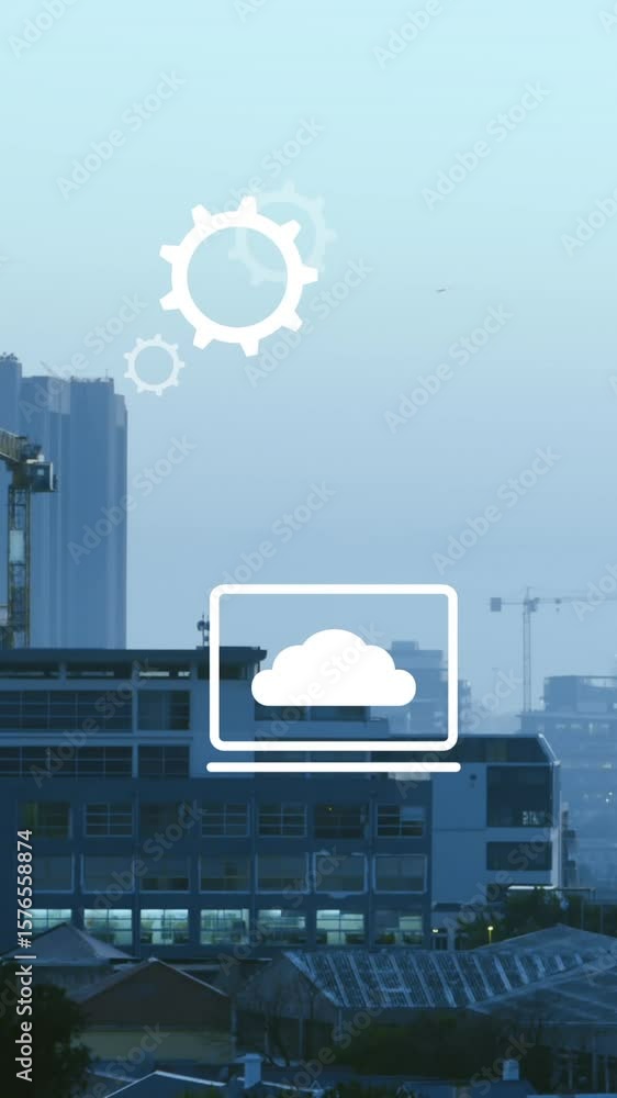 Aufkleber animation of multiple digital icons floating against aerial view of cityscape