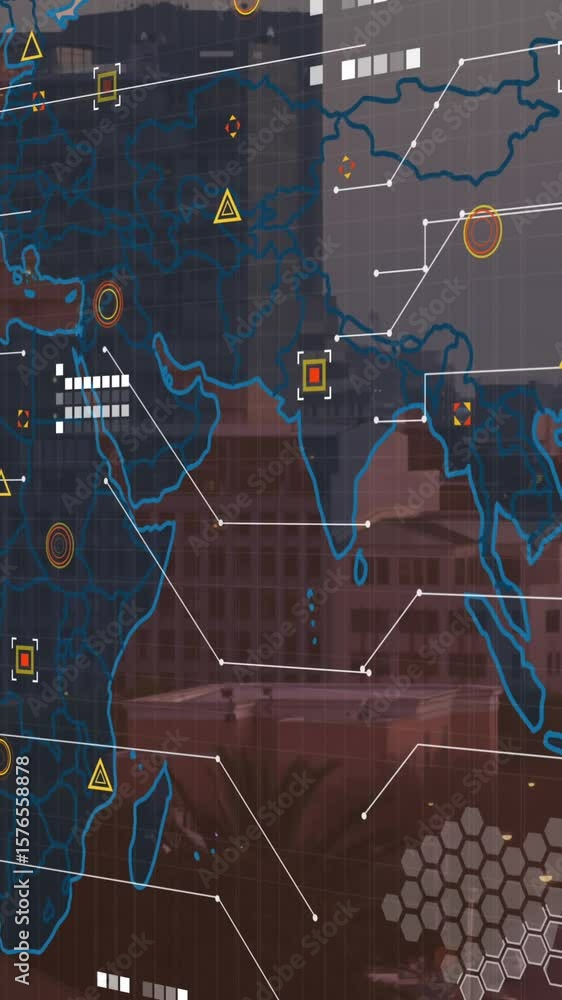 Poster animation of world map and financial data processing over cityscape