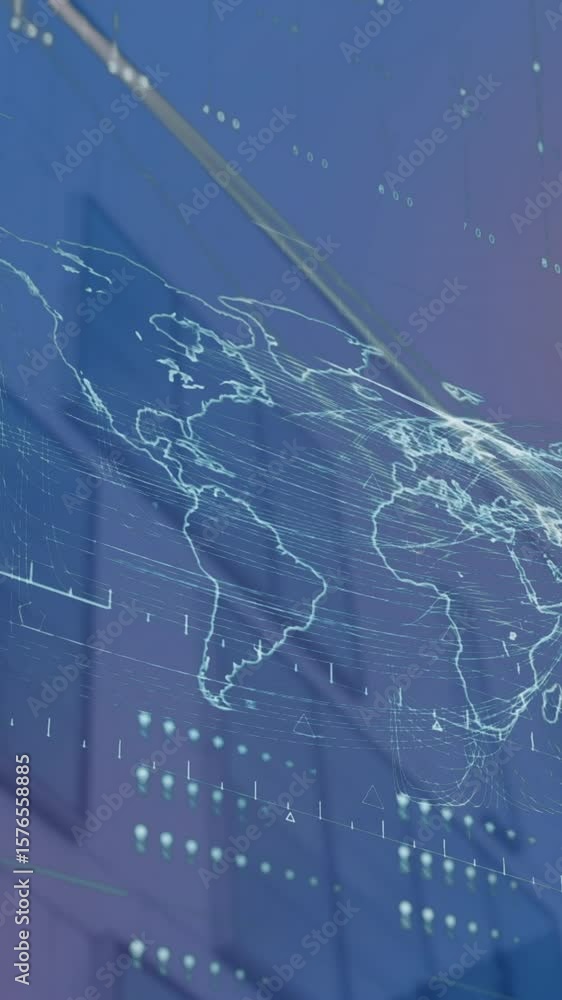 Poster animation of interface with data processing over world map against low angle view of tall building
