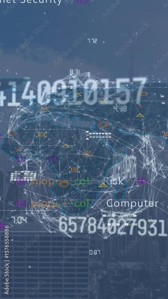 Poster animation of financial data processing over world map and cityscape
