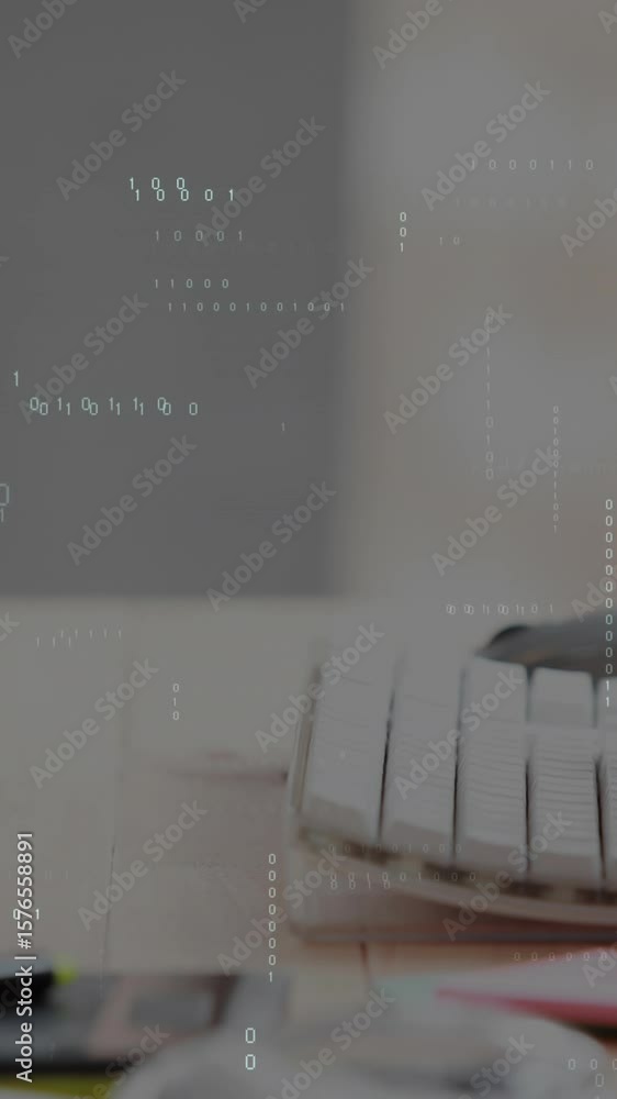 Poster animation of looping binary codes over cropped hands of caucasian woman typing on keyboard
