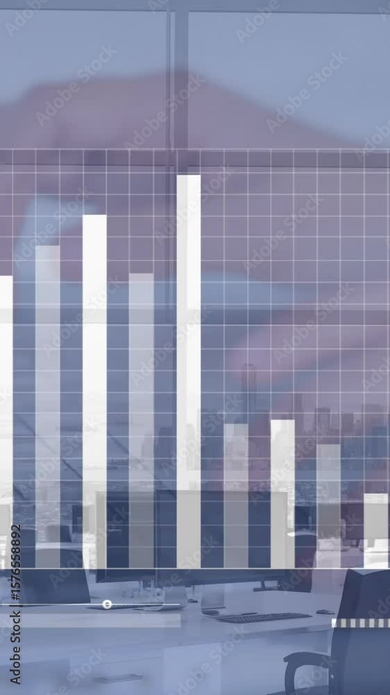 Poster animation of statistical data processing over empty office and close up of hands typing on keyboard