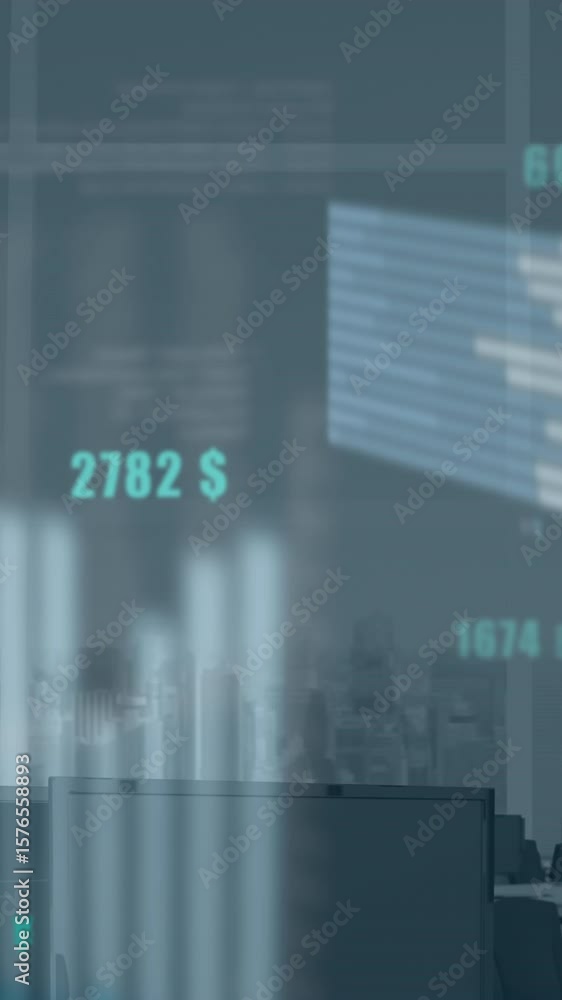 Poster animation of statistical data processing against empty office