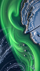 Vibrant green auroras swirl over icy landscape, creating magic