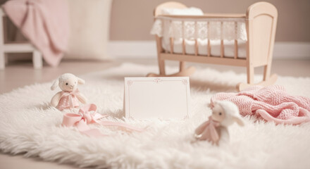 A baby announcement card with toys and a crib on a fluffy white rug in a soft pink color scheme