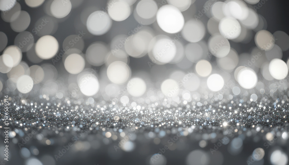 Poster abstract image of sparkling silver glitter with blurred bokeh lights.